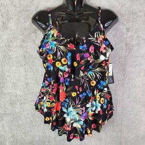 Women's Aqua Green Tiered Tankini Top Swinsuit Adjustable Straps Floral M